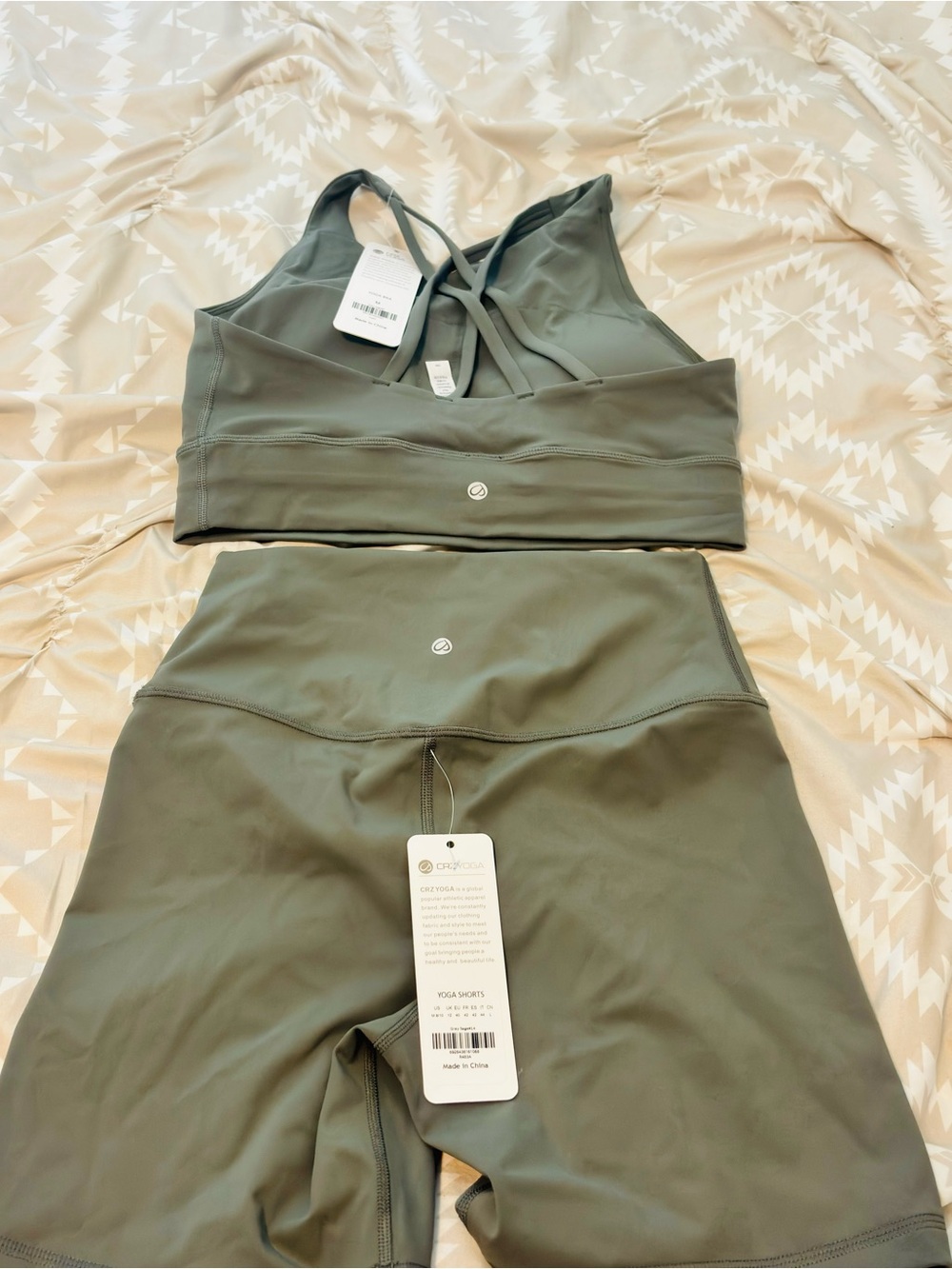 CRZ YOGA Olive Green Strappy Sports Bra & High-Waist Shorts